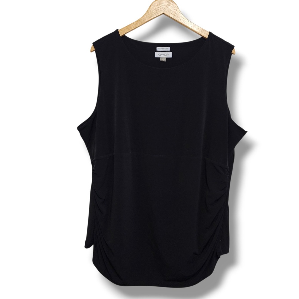 Calvin Klein Sleeveless Top 2X Womens Black Invisible Fit Solutions Ruched Shell